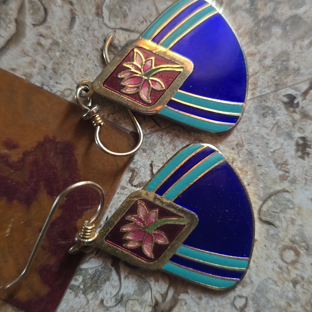 Laurel Burch Blue and Gold Earrings with Floral Design